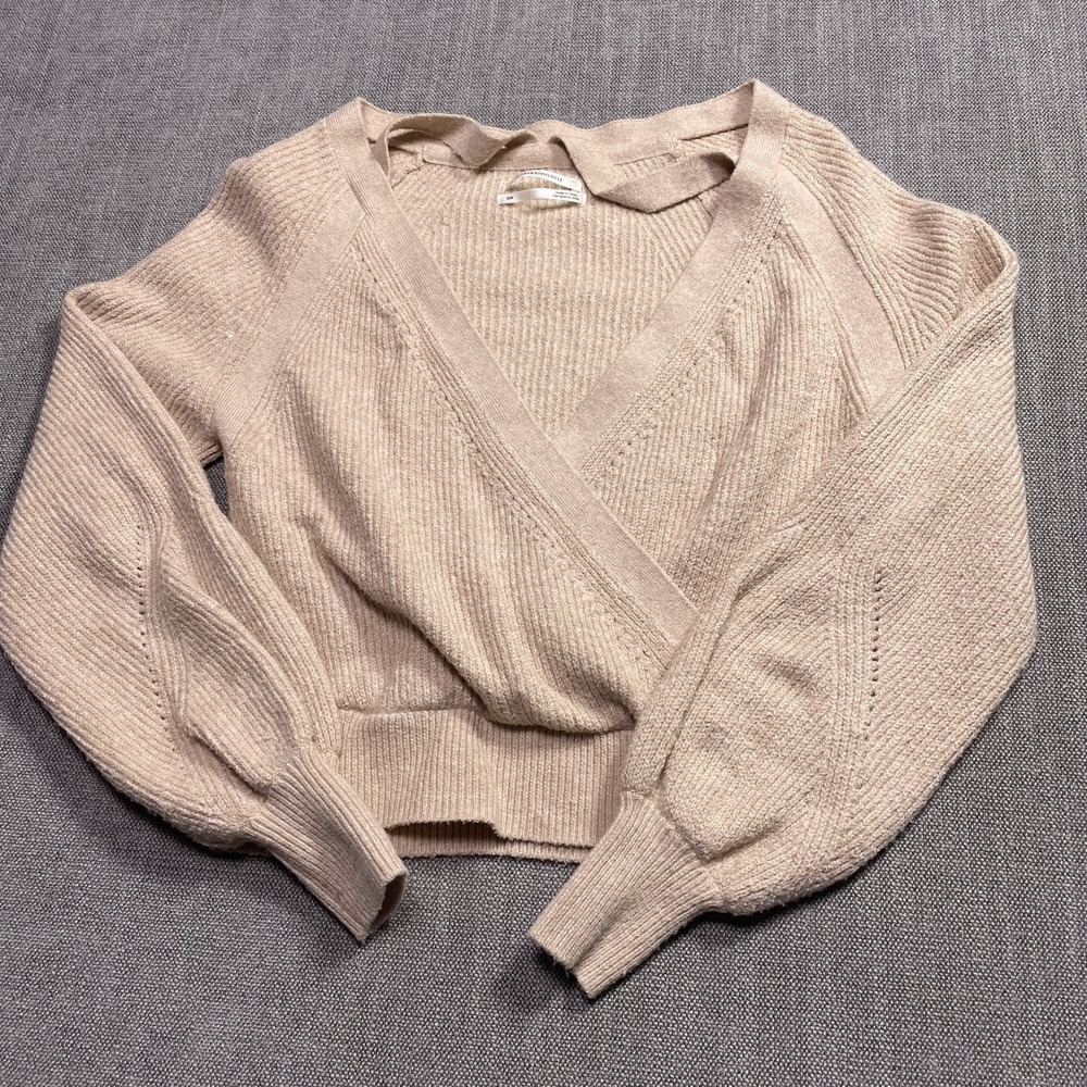 Anthropologie Wrap Sweater Womens 2XS Beige Ribbed Knit V Neck Casual Raglan